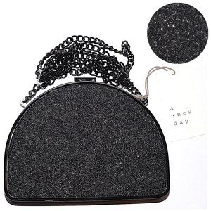 A New Day Half-Moon Glitter Clutch with Optional Chain Strap
